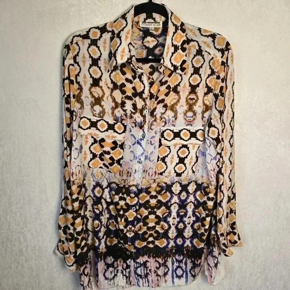 Mishca Womens L Tie Dye Animal Print Long Sleeve Tunic Top Button Up Pockets - Picture 1 of 8